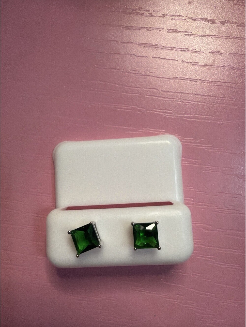 925 Sterling Silver Green Princess Cut CZ Stud Earrings Emerald Style Push Back